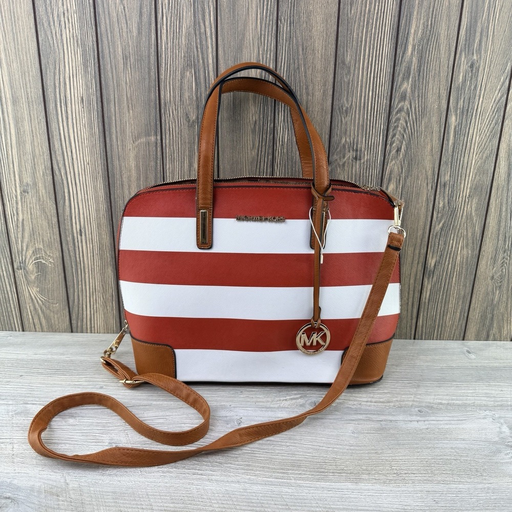 Michael Kors Red White Striped Satchel Crossbody Bag Gold Tone Charm Purse - Picture 1 of 16